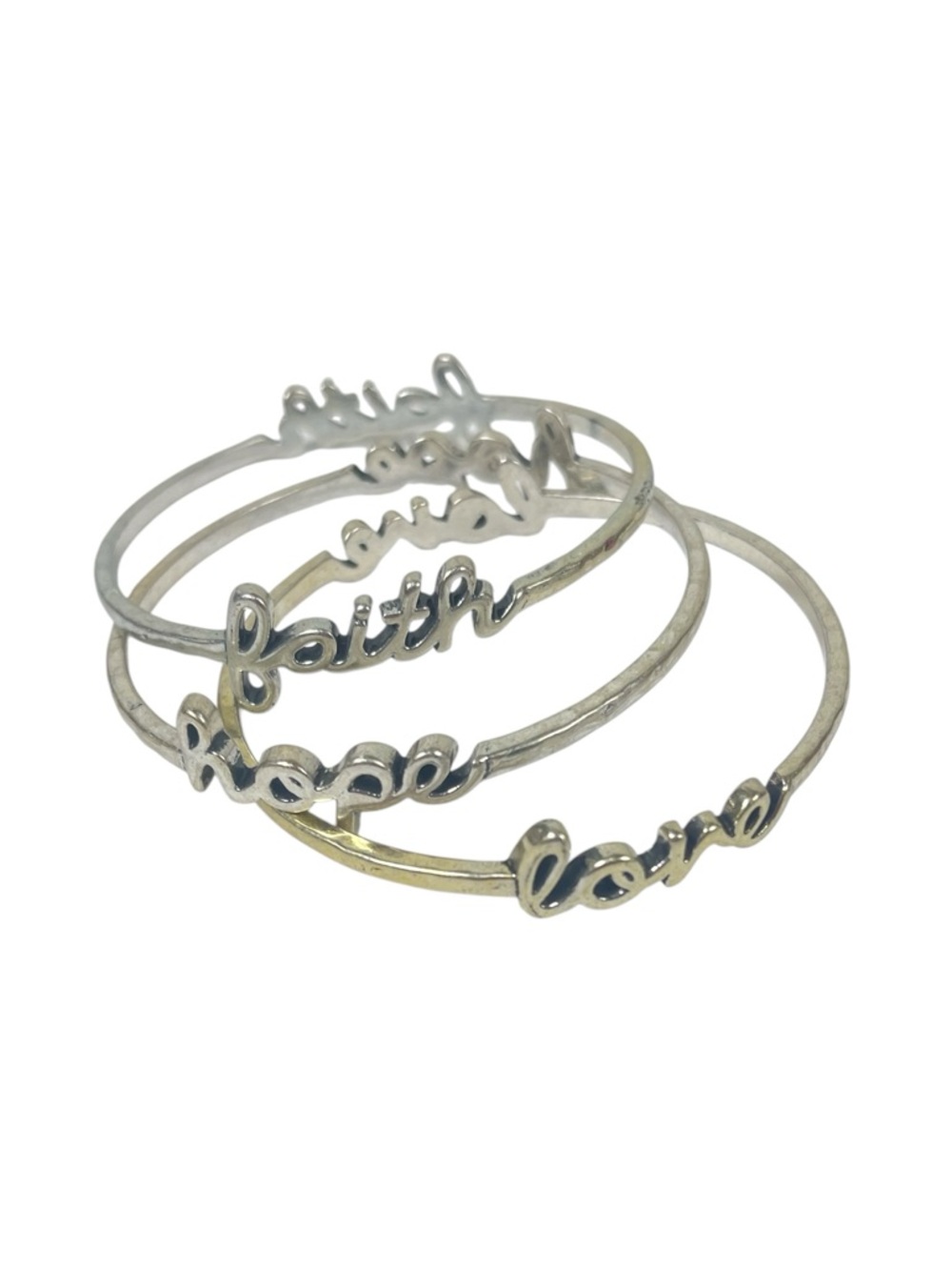 Silver Tone 'Love Faith Hope' Script Bangle Bracelet Set